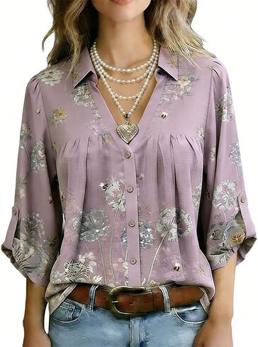 Women's Vintage Dandelion Floral Print Top Split Neck Three Quarter Dolman Sleeves Casual Blouse in Saudi Arabia