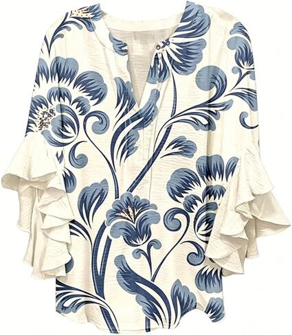 Womens Boho Floral Print Blouse Flowy V Neck with Ruffled Bell Sleeves Bohemian Casual Loose Top in Saudi Arabia