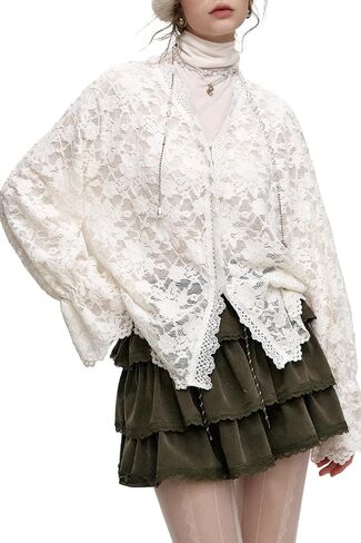 Women's Lace Long Sleeve Blouse - Romantic Cottagecore V-Neck Top, Elegant Loose Fit Floral Lace Tops for Spring in Saudi Arabia