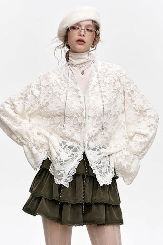 Women's Lace Long Sleeve Blouse - Romantic Cottagecore V-Neck Top, Elegant Loose Fit Floral Lace Tops for Spring in Saudi Arabia