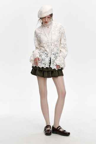 Women's Lace Long Sleeve Blouse - Romantic Cottagecore V-Neck Top, Elegant Loose Fit Floral Lace Tops for Spring in Saudi Arabia