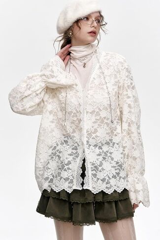 Women's Lace Long Sleeve Blouse - Romantic Cottagecore V-Neck Top, Elegant Loose Fit Floral Lace Tops for Spring in Saudi Arabia