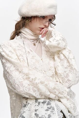 Women's Lace Long Sleeve Blouse - Romantic Cottagecore V-Neck Top, Elegant Loose Fit Floral Lace Tops for Spring in Saudi Arabia