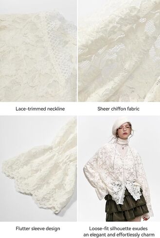 Women's Lace Long Sleeve Blouse - Romantic Cottagecore V-Neck Top, Elegant Loose Fit Floral Lace Tops for Spring in Saudi Arabia