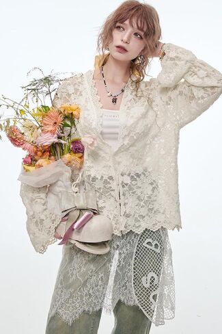 Women's Lace Long Sleeve Blouse - Romantic Cottagecore V-Neck Top, Elegant Loose Fit Floral Lace Tops for Spring in Saudi Arabia