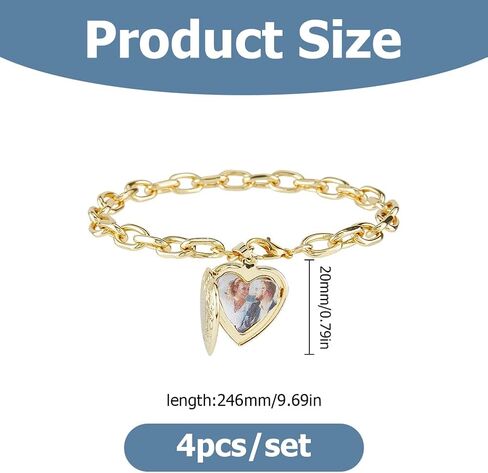 4-Pcs Heart Locket Bracelet Personalized Photo Cuff Bangle 9.69 Inch/24.6cm 20mm Charm Custom Picture Jewelry Gift Set for Women Mom Wife Golden in Saudi Arabia