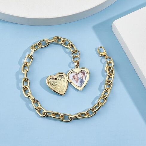 4-Pcs Heart Locket Bracelet Personalized Photo Cuff Bangle 9.69 Inch/24.6cm 20mm Charm Custom Picture Jewelry Gift Set for Women Mom Wife Golden in Saudi Arabia