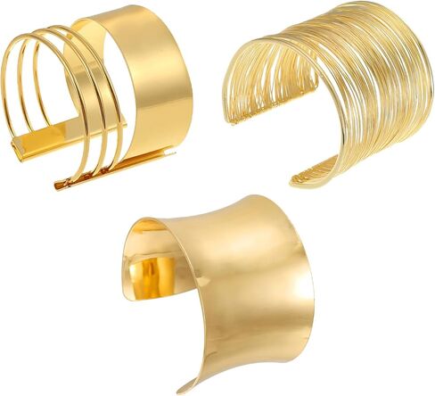 Gold Irregular Chunky Cuff Bracelets for Women | 3PCS Minimalist Statement Bangle Bracelets Set | Open Wide Bangle Arm Cuff | Daily Outfits Jewelry in Saudi Arabia