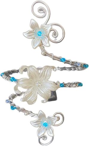 Flower Arm Cuff Bracelet,White&Blue Floral Spiral Bracelets Adjustable Open Bangle Bracelet Boho Vintage Pearl CZ Bracelets Jewelry Gifts for Women in Saudi Arabia