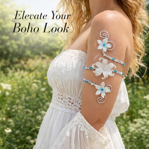 Flower Arm Cuff Bracelet,White&Blue Floral Spiral Bracelets Adjustable Open Bangle Bracelet Boho Vintage Pearl CZ Bracelets Jewelry Gifts for Women in Saudi Arabia