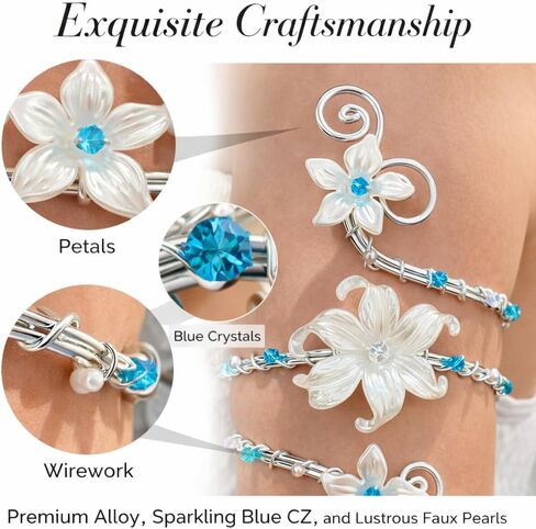 Flower Arm Cuff Bracelet,White&Blue Floral Spiral Bracelets Adjustable Open Bangle Bracelet Boho Vintage Pearl CZ Bracelets Jewelry Gifts for Women in Saudi Arabia