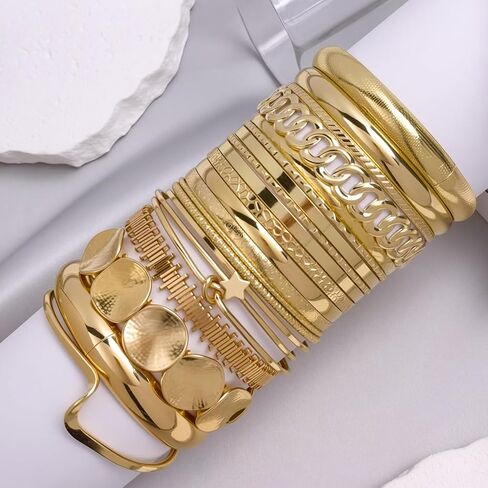 Gold Bangle Bracelets for Women 21Pcs Stackable Multi Textured Bangles Set Gold Chunky Bracelet Stack Fashion Accessories Jewelry Gifts for Women in Saudi Arabia