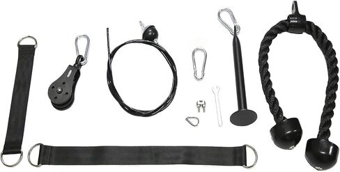 HULKFIT Weightlifting Cable Pulley System for Squat Stand and Power Cage - Tricep Rope, Loading Pin, 3 Carabiners, and 2 Hanging Straps in Kuwait