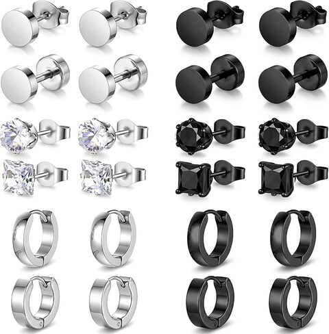 12 Pairs Black Earrings for Men, Stainless Steel Black Stud Earrings, Flat Backs Cartilage Earring, Earring Piercing Jewelry for Men Women (Silver & Black) in Saudi Arabia