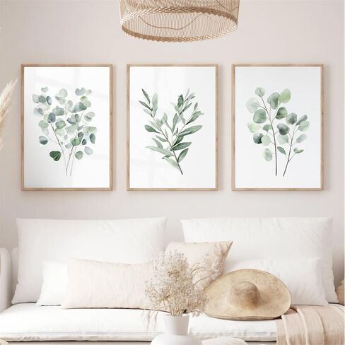 NATVVA Set Of 3 Eucalyptus And Sage Minimalist Watercolor Prints Poster Herbs Botanical Painting Wall Pictures Artwork for Farmhouse Bedroom Home Decor with Wooden Inner Frame in Saudi Arabia