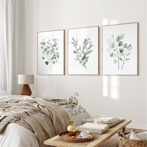 NATVVA Set Of 3 Eucalyptus And Sage Minimalist Watercolor Prints Poster Herbs Botanical Painting Wall Pictures Artwork for Farmhouse Bedroom Home Decor with Wooden Inner Frame in Saudi Arabia