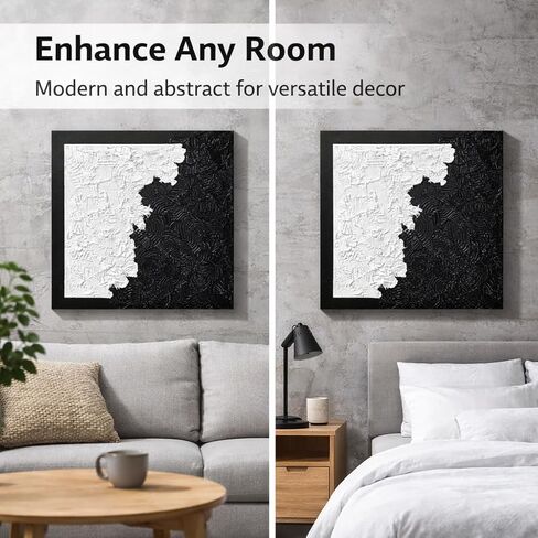 HONGRUIFAN Handmade Textured Canvas Wall Art 24x24 Inches, Black and White Abstract Art, Handcrafted Cotton Canvas, Ready to Hang in Saudi Arabia