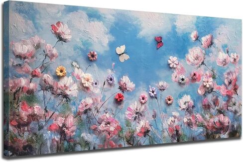 Arjun Wildflower Canvas Wall Art Pink Flower Field Painting Panoramic Floral Landscape, Large Framed Blue Sky Artwork Nature Picture for Living Room Bedroom Home Office Wall Decor in Saudi Arabia