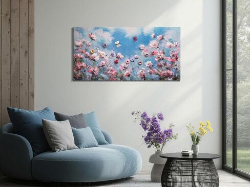 Arjun Wildflower Canvas Wall Art Pink Flower Field Painting Panoramic Floral Landscape, Large Framed Blue Sky Artwork Nature Picture for Living Room Bedroom Home Office Wall Decor in Saudi Arabia