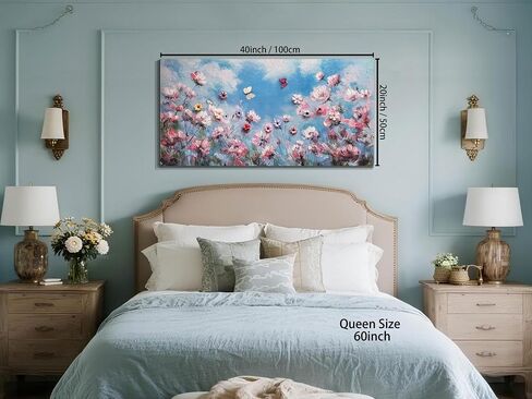 Arjun Wildflower Canvas Wall Art Pink Flower Field Painting Panoramic Floral Landscape, Large Framed Blue Sky Artwork Nature Picture for Living Room Bedroom Home Office Wall Decor in Saudi Arabia