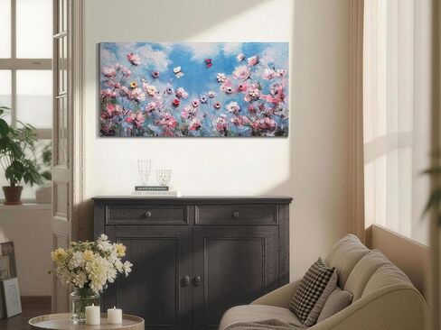 Arjun Wildflower Canvas Wall Art Pink Flower Field Painting Panoramic Floral Landscape, Large Framed Blue Sky Artwork Nature Picture for Living Room Bedroom Home Office Wall Decor in Saudi Arabia