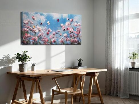 Arjun Wildflower Canvas Wall Art Pink Flower Field Painting Panoramic Floral Landscape, Large Framed Blue Sky Artwork Nature Picture for Living Room Bedroom Home Office Wall Decor in Saudi Arabia