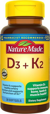 Nature Made Vitamin D3 K2, 5000 IU (125 mcg) Vitamin D, Dietary Supplement for Bone, Teeth, Muscle and Immune Health Support, 30 Softgels, 30 Day Supply - Pack of 2 in Kuwait