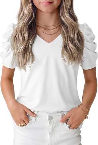 Girls' Puff Short Sleeve T Shirts V Neck Loose Fit Tops Casual Summer Basic Tees Cute Tshirts for Kids 5-14 Years in Saudi Arabia