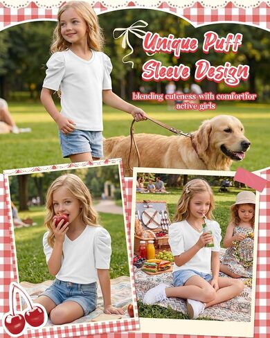 Girls' Puff Short Sleeve T Shirts V Neck Loose Fit Tops Casual Summer Basic Tees Cute Tshirts for Kids 5-14 Years in Saudi Arabia