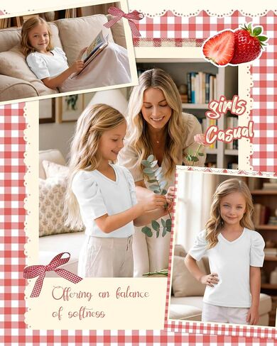 Girls' Puff Short Sleeve T Shirts V Neck Loose Fit Tops Casual Summer Basic Tees Cute Tshirts for Kids 5-14 Years in Saudi Arabia
