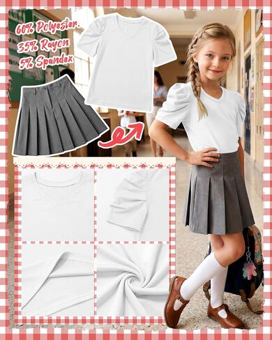 Girls' Puff Short Sleeve T Shirts V Neck Loose Fit Tops Casual Summer Basic Tees Cute Tshirts for Kids 5-14 Years in Saudi Arabia