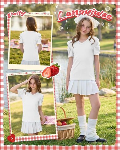 Girls' Puff Short Sleeve T Shirts V Neck Loose Fit Tops Casual Summer Basic Tees Cute Tshirts for Kids 5-14 Years in Saudi Arabia