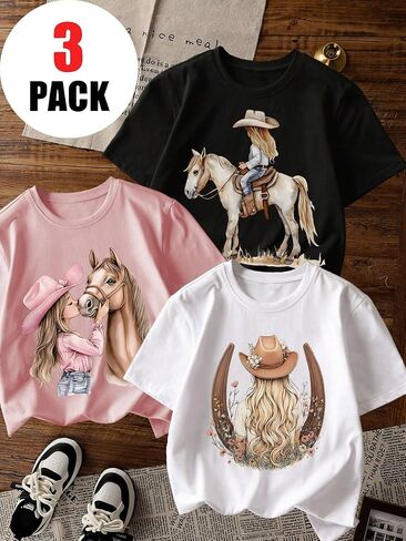 Girls T Shirt 3-Pack, Graphic Short Sleeve Crewneck Tee, Sizes 8-14 in Kuwait
