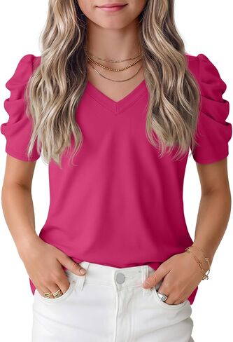 Girls' Puff Short Sleeve T Shirts V Neck Loose Fit Tops Casual Summer Basic Tees Cute Tshirts for Kids 5-14 Years in Saudi Arabia