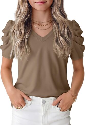 Girls' Puff Short Sleeve T Shirts V Neck Loose Fit Tops Casual Summer Basic Tees Cute Tshirts for Kids 5-14 Years in Saudi Arabia