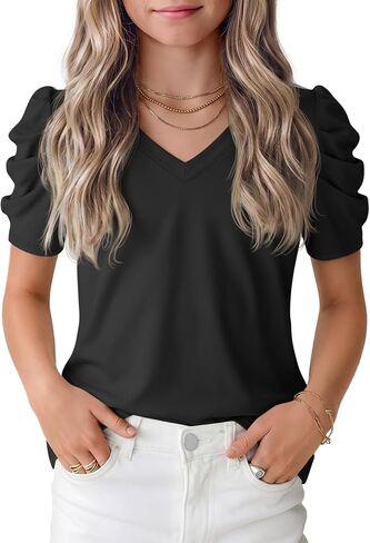 Girls' Puff Short Sleeve T Shirts V Neck Loose Fit Tops Casual Summer Basic Tees Cute Tshirts for Kids 5-14 Years in Saudi Arabia