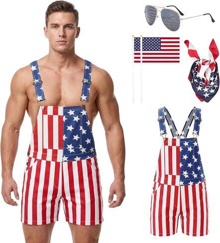American Flag Overalls Men Set Low-Cut Style,4th of July Overalls Shorts with Flag Sunglasses Bandana Flags in Saudi Arabia