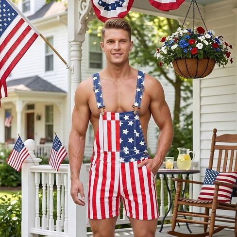 American Flag Overalls Men Set Low-Cut Style,4th of July Overalls Shorts with Flag Sunglasses Bandana Flags in Saudi Arabia