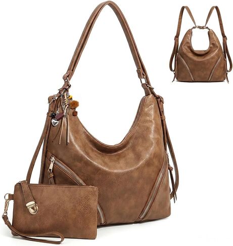 Womens PU Leather Hobo Bag Checkered Crossbody Bag 3-in-1 Convertible Backpack Shoulder Bag, with Small Pouch and Charms in Saudi Arabia