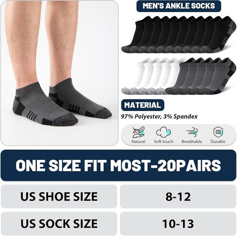 20 Pairs Men's Ankle Socks - Breathable Soft Daily Thin Black White Grey Sock, Size 8-12 Bulk Pack in Saudi Arabia