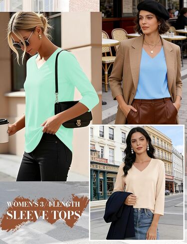 LOMON 3 Pack Tops for Women 3/4 Sleeve V Neck Basics Tees Business Casual Summer T Shirts in Kuwait