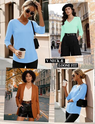 LOMON 3 Pack Tops for Women 3/4 Sleeve V Neck Basics Tees Business Casual Summer T Shirts in Kuwait