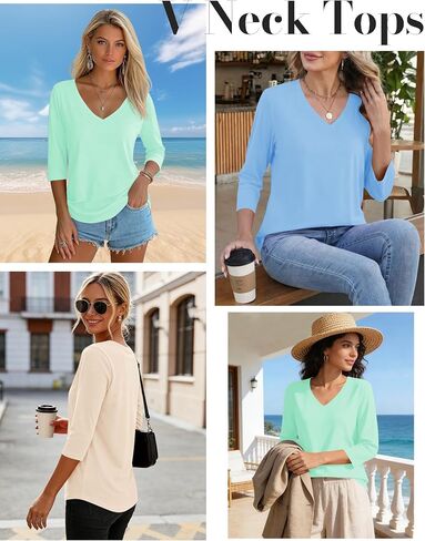 LOMON 3 Pack Tops for Women 3/4 Sleeve V Neck Basics Tees Business Casual Summer T Shirts in Kuwait