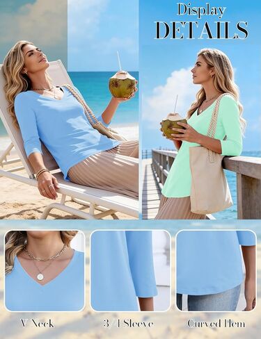 LOMON 3 Pack Tops for Women 3/4 Sleeve V Neck Basics Tees Business Casual Summer T Shirts in Kuwait