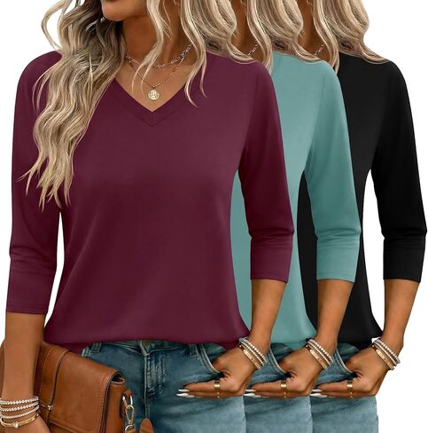 LOMON 3 Pack Tops for Women 3/4 Sleeve V Neck Basics Tees Business Casual Summer T Shirts in Kuwait