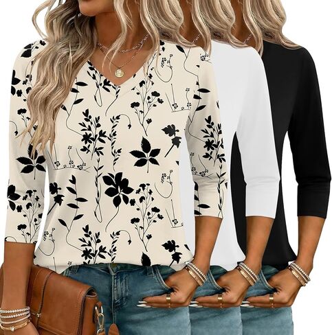 LOMON 3 Pack Tops for Women 3/4 Sleeve V Neck Basics Tees Business Casual Summer T Shirts in Kuwait