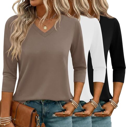 LOMON 3 Pack Tops for Women 3/4 Sleeve V Neck Basics Tees Business Casual Summer T Shirts in Kuwait
