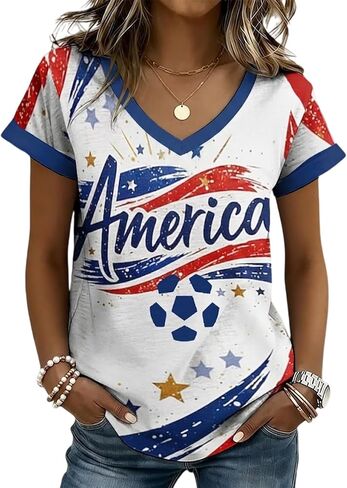 Soccer Cup 2026 Shirt Women Patriotic USA Football Game Day Jersey V-Neck Sports Fan & Independence Day Short Sleeve Tee in Kuwait