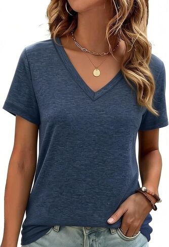 Women V Neck T Shirts Summer Basic Tee Soft Casual Short Sleeve Tops Spring Vacation Loose Fit Outfit in Kuwait