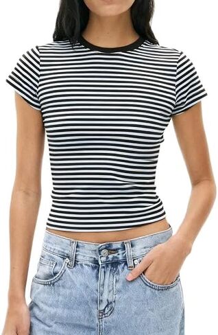 Women Striped Baby Tees Short Sleeve Crew Neck Basic Fitted T Shirt Girls Cute Y2K Preppy Going Out Crop Tops Summer in Kuwait